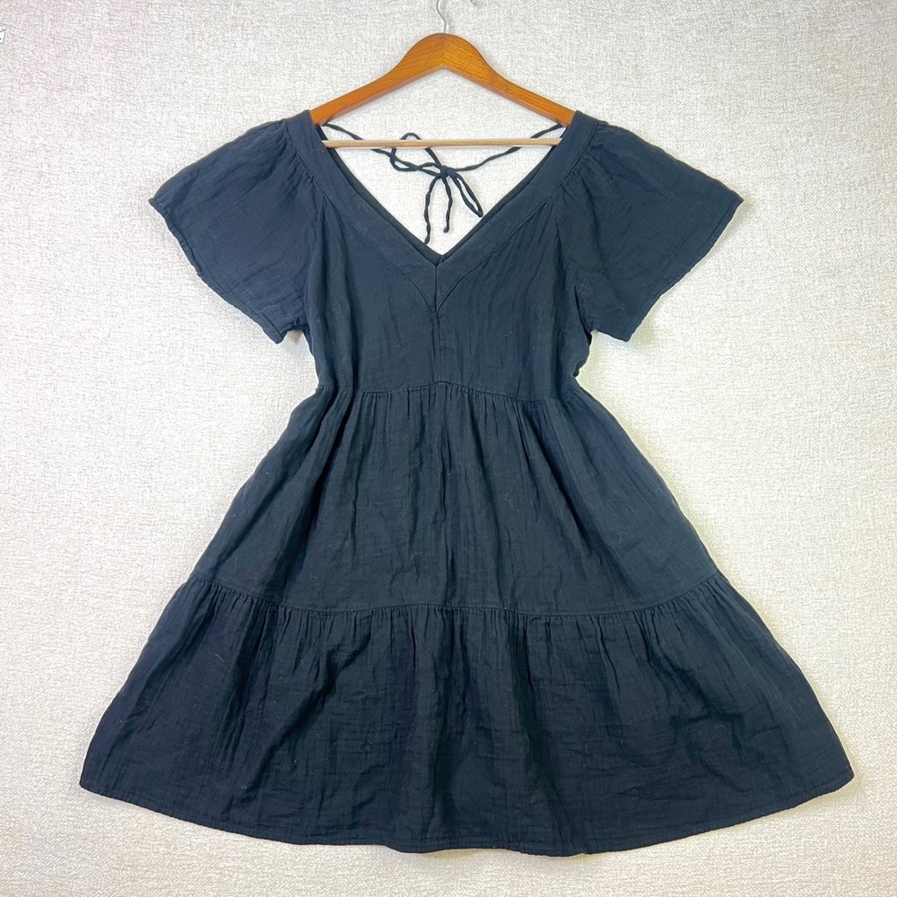100% Cotton Black Babydoll Tiered Mini Dress Gauze Back Tie Pockets Old Navy M